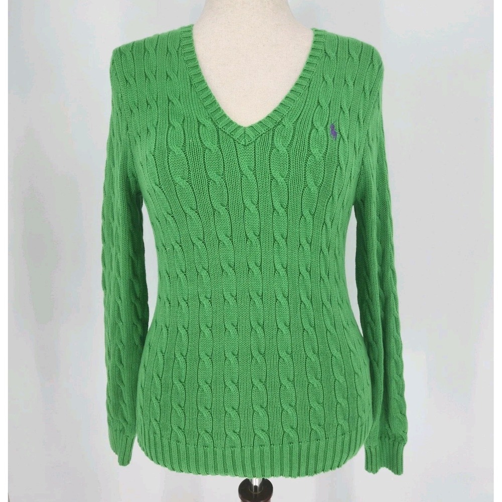 Ralph Lauren Sport Green Cable Knit V Neck Sweater Womens L Purple Pony Cotton